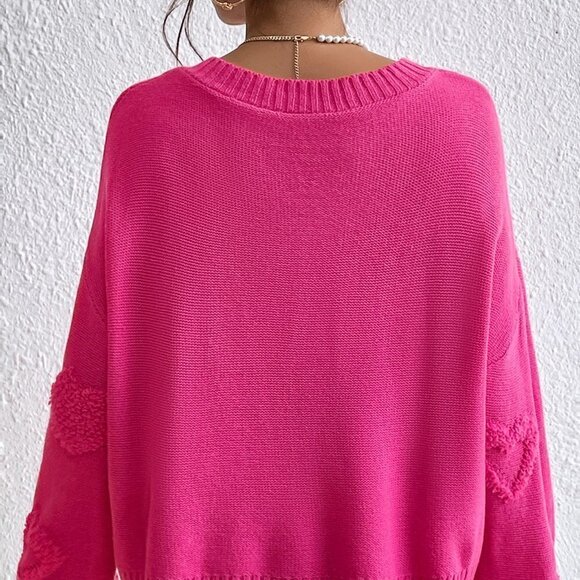 Pink Casual Womens Pearls Heart Detail V-neck Drop Shoulder Sweater - Picture 2 of 5